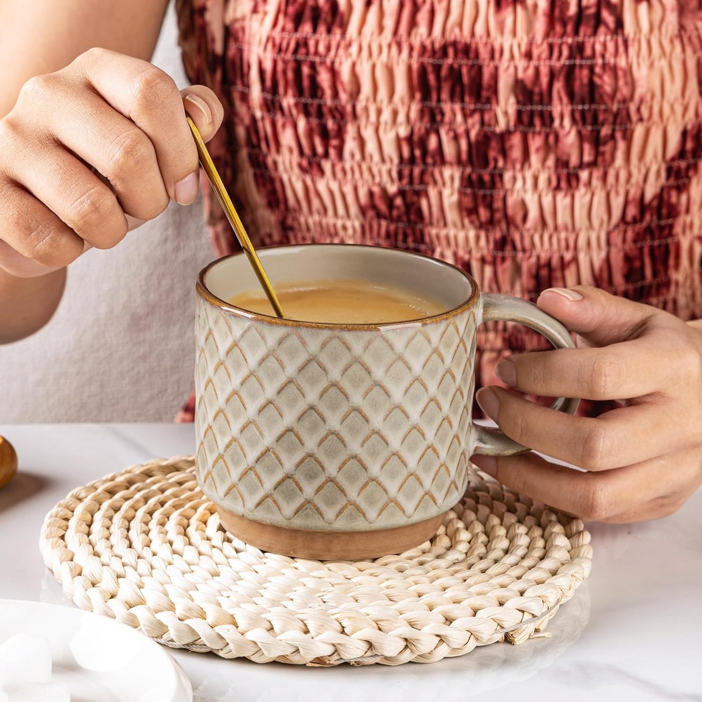 GBHOME 12OZ Stackable Coffee Mugs with Stand, Ceramic Coffee Mugs with Texture Patterns for Man,Woman,Dad,Mom, Modern Coffee Cups Set of 4 for Latte/Cappuccino/Cocoa. Dishwasher&Microwave Safe