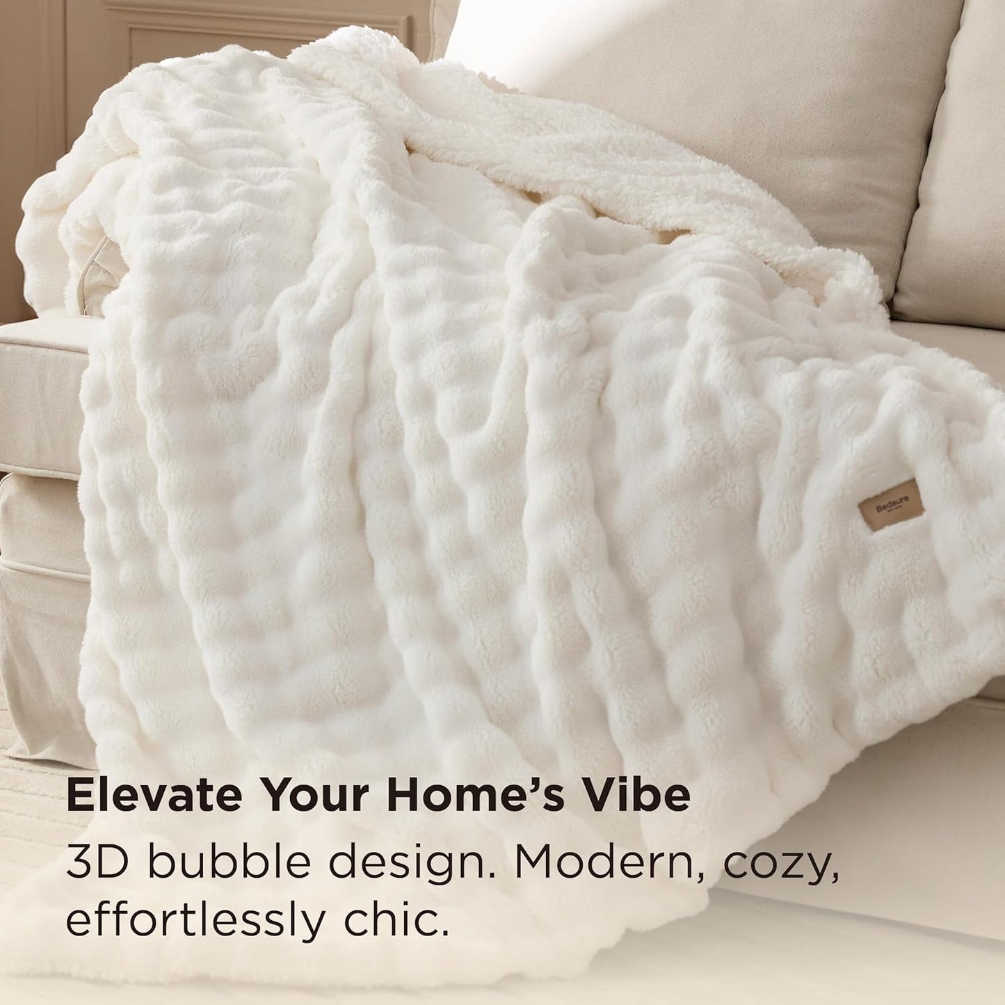 Bedsure Bubble Sherpa Throw Blanket for Couch - Fuzzy Fleece Thick Warm Christmas Blanket for Winter, GentleSoft Cozy Plush Throw Gift for Women, Room Decor, Ivory, 50x60 Inches
