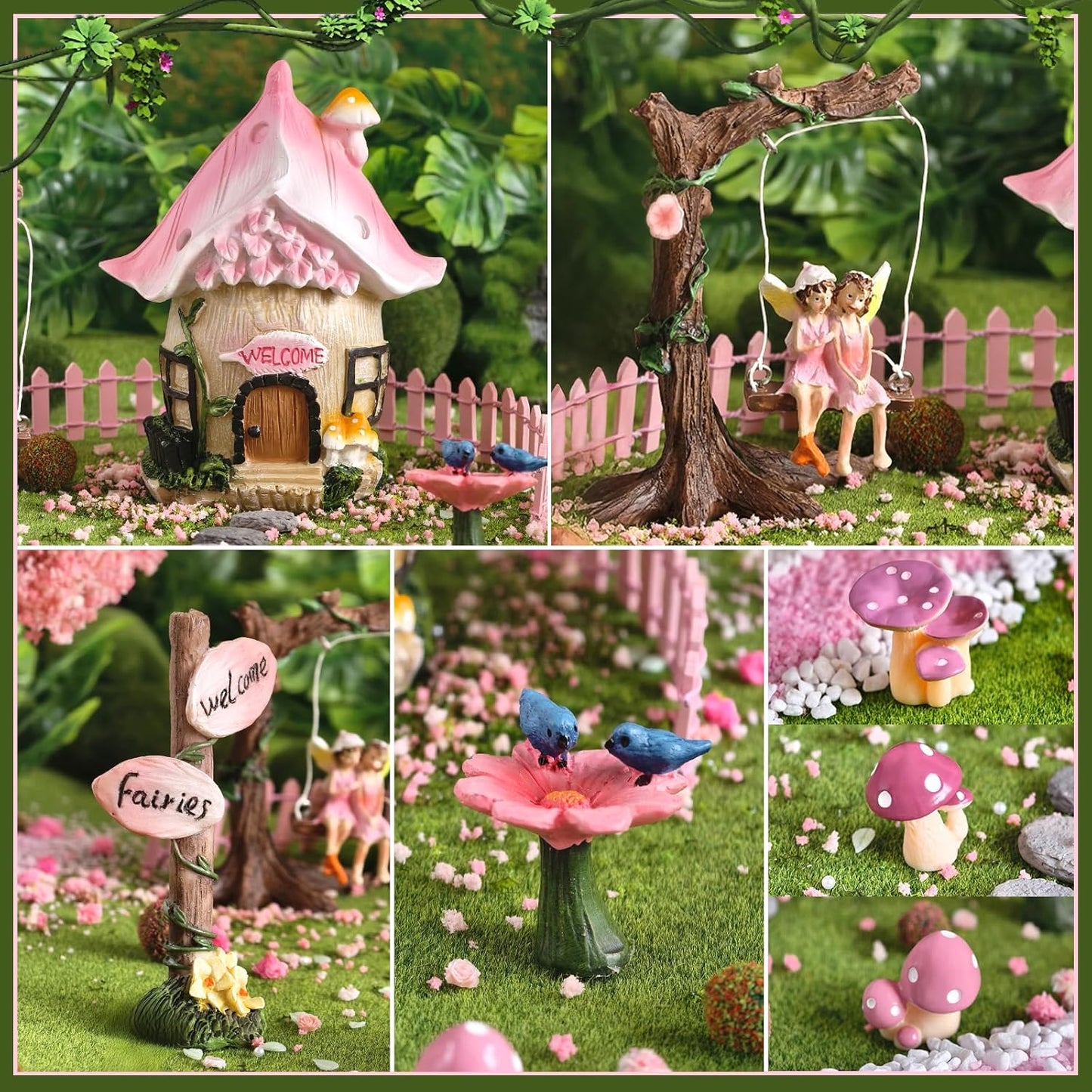 DONABELA Fairy Garden Decor Kit Pink Resin Miniature House Figurines Set Swing Directional Sign Bird Drinking Pool Fence Little Mushroom Outdoor Tiny Accessories for Kids