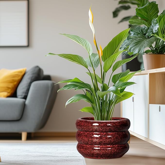 SQOWL Ceramic Planters for Indoor Plants - 13.5 Inch Plant Pot with Drainage Hole, Large Ceramic Flower Pots, Bubble Round Planter for Outdoor Plants, Room Home Office Decor, Gardening Gifts, Red