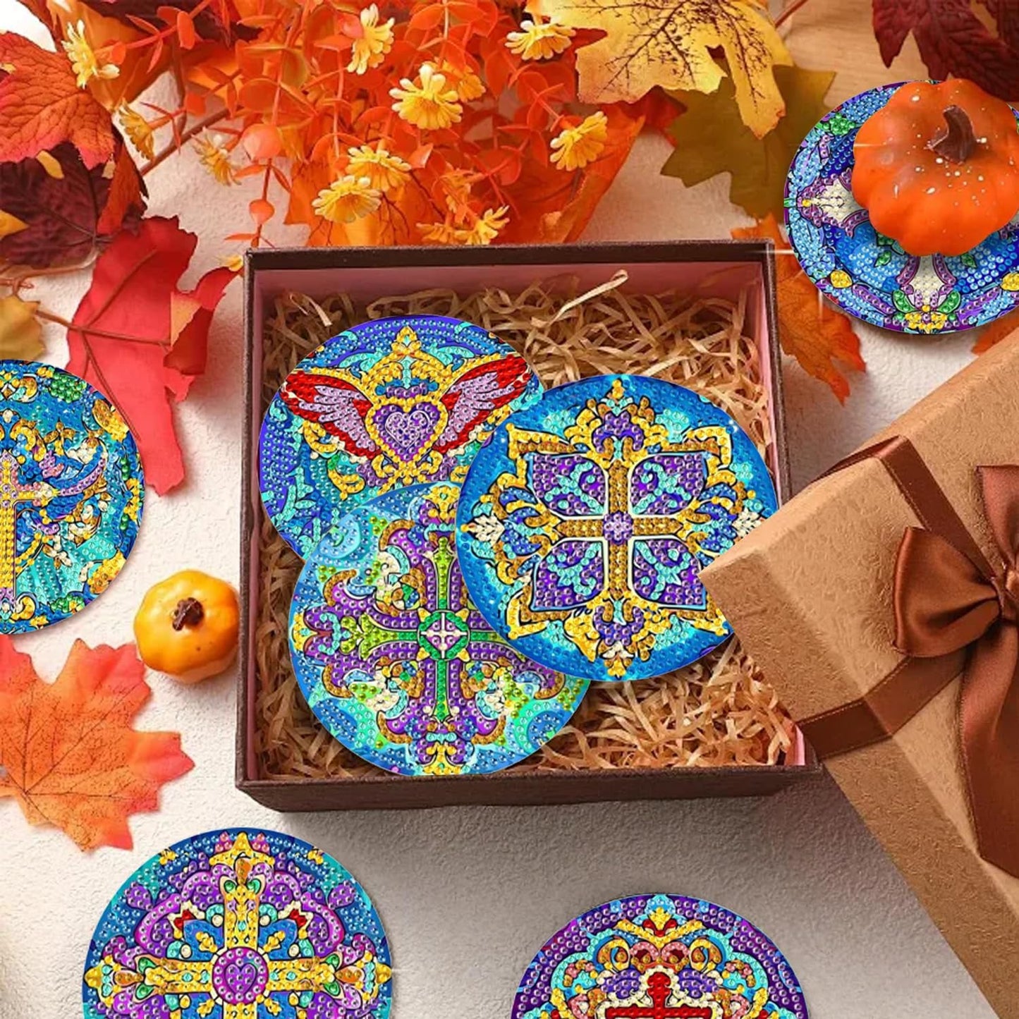 DOZEEZOP 8 PCS Diamond Art Coasters Kit, Diamond Painting Coasters with Holder, Fall Diamond Art Kits for Adults Beginners, Arts and Crafts Supplies Party Item Sets Cross Style