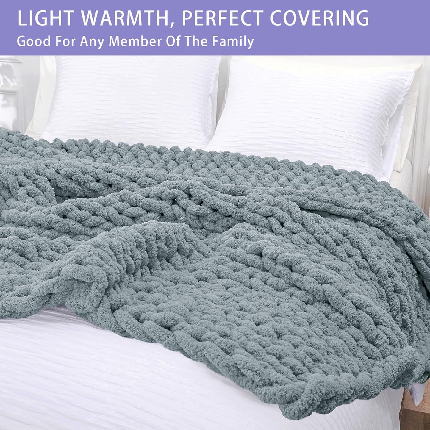 Bigacogo Chunky Knit Throw Blanket for Couch, 51x63 inches, 100% Hand Knitted with Thick Jumbo Chenille Yarn, Cozy Soft Large Rope Knot Cable Crochet Blankets for Sofa Bed Living Room, Dusty Blue