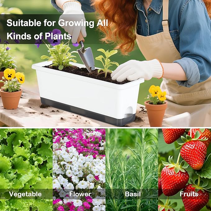 Window Box Planter 4 Packs, 17 Inches Rectangle Flower Pots with Drainage Holes & Trays, Pots for Vegetables, Herbs, Flowers, Garden Windowsill Balcony (White, 17 * 5.1 * 6 inch)