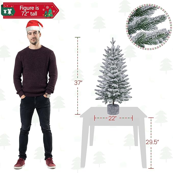 Yaheetech 3FT Pre-lit Potted Flocked Christmas Tree, Snow Frosted Mini Tabletop Artificial Christmas Tree with 50 Warm White LED Lights and 355 PE Branch Tips for Holiday Decoration