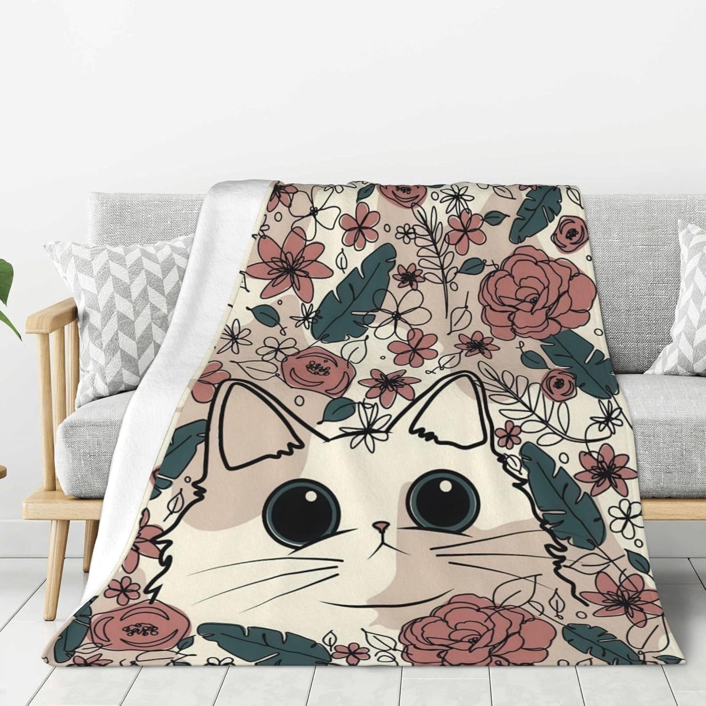Cute Cat Floral Throw Blanket, Wildflowers Fuzzy Blanket, Ultra Soft Cozy Flannel Throw Blankets Lightweight Fleece Blankets for Bed Couch Sofa 60"×80"