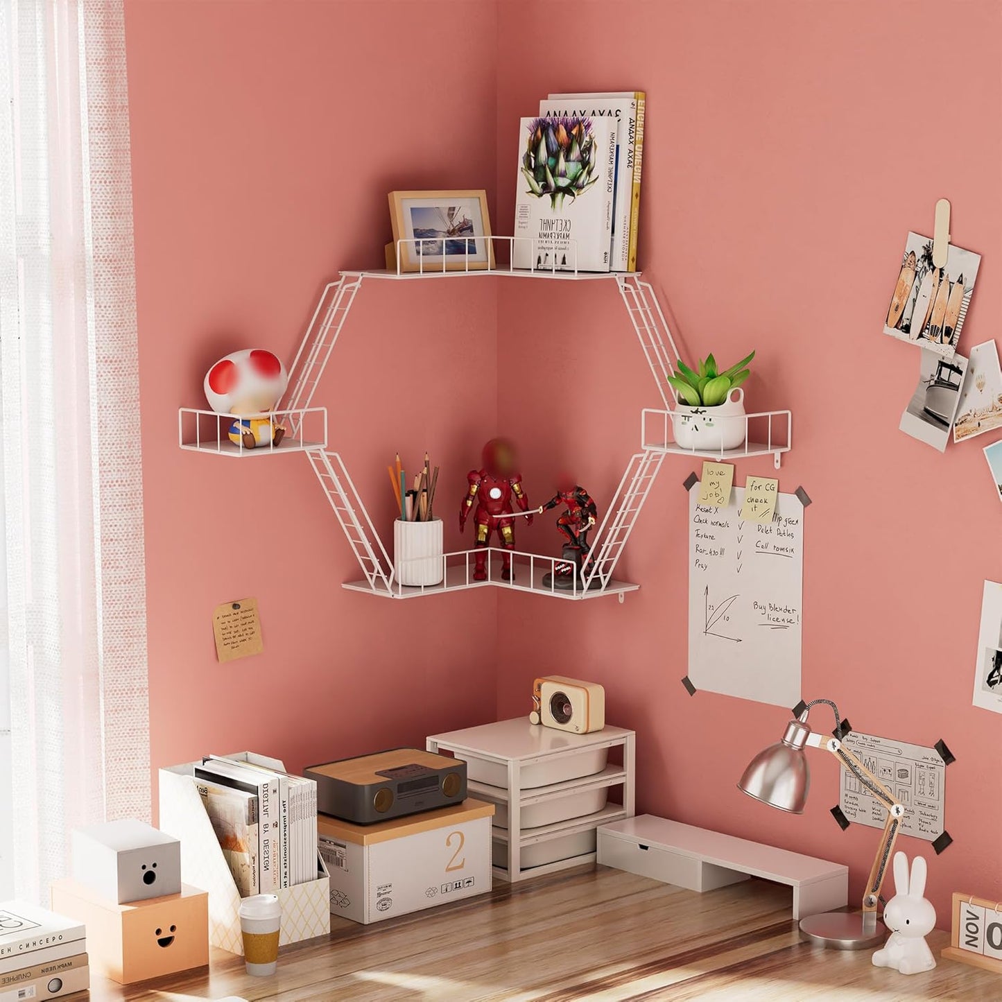 Fire Escape Wall Shelf - New York Fire Escape Shelf, Knick Knack Shelf for Figures, 3-Tier Corner Floating Shelves, Metal Decorative Display Shelves, White Wall Shelves for Bedroom&Home Decor