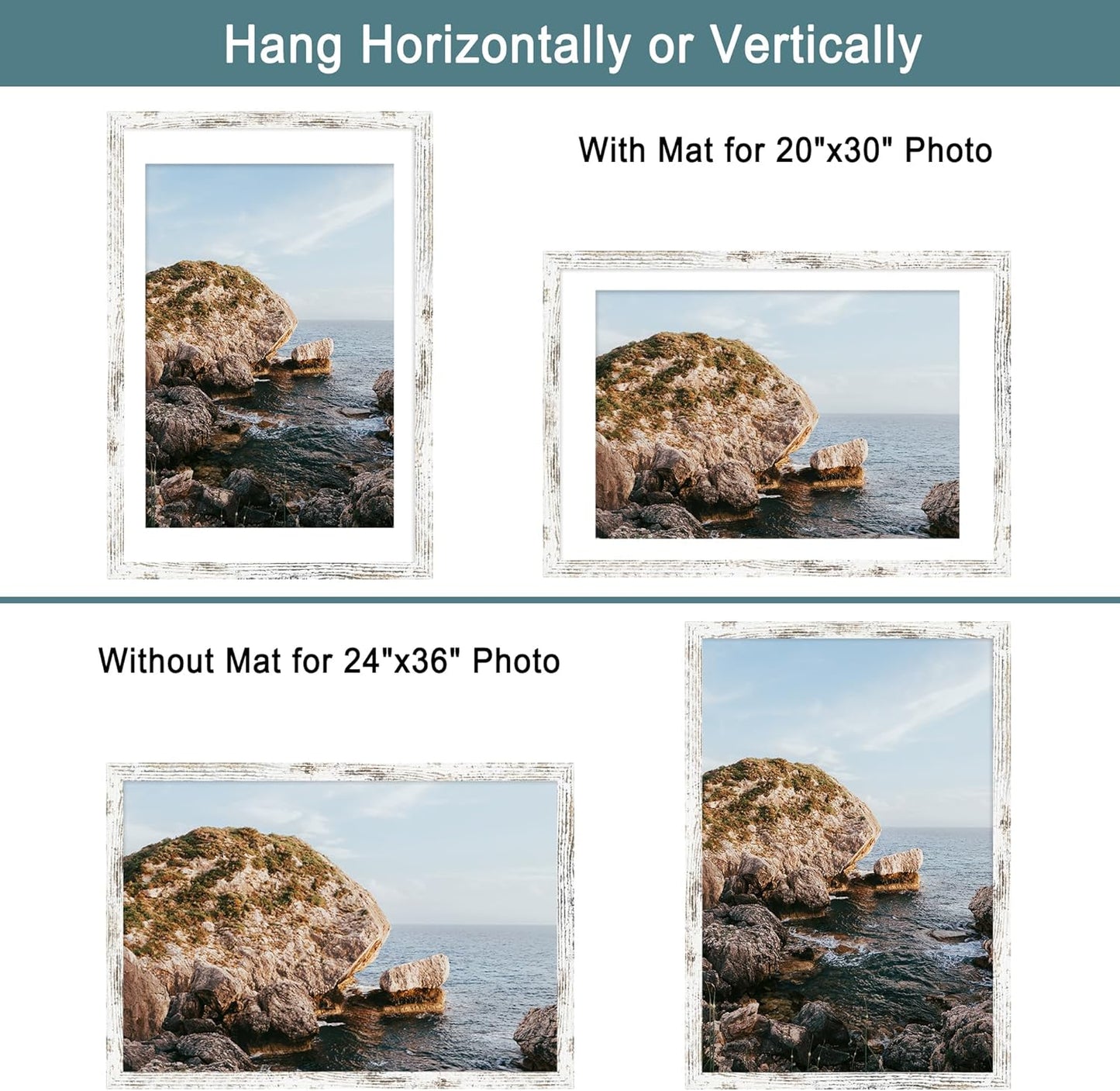 iRahmen 24x36 Poster Frame Set of 2 with Plexiglass, Distressed White Wood Frames Display 20x30 Picture with Mat or 24 x 36 Without Mat, Photo Gallery Wall Mounting Horizontal and Vertical