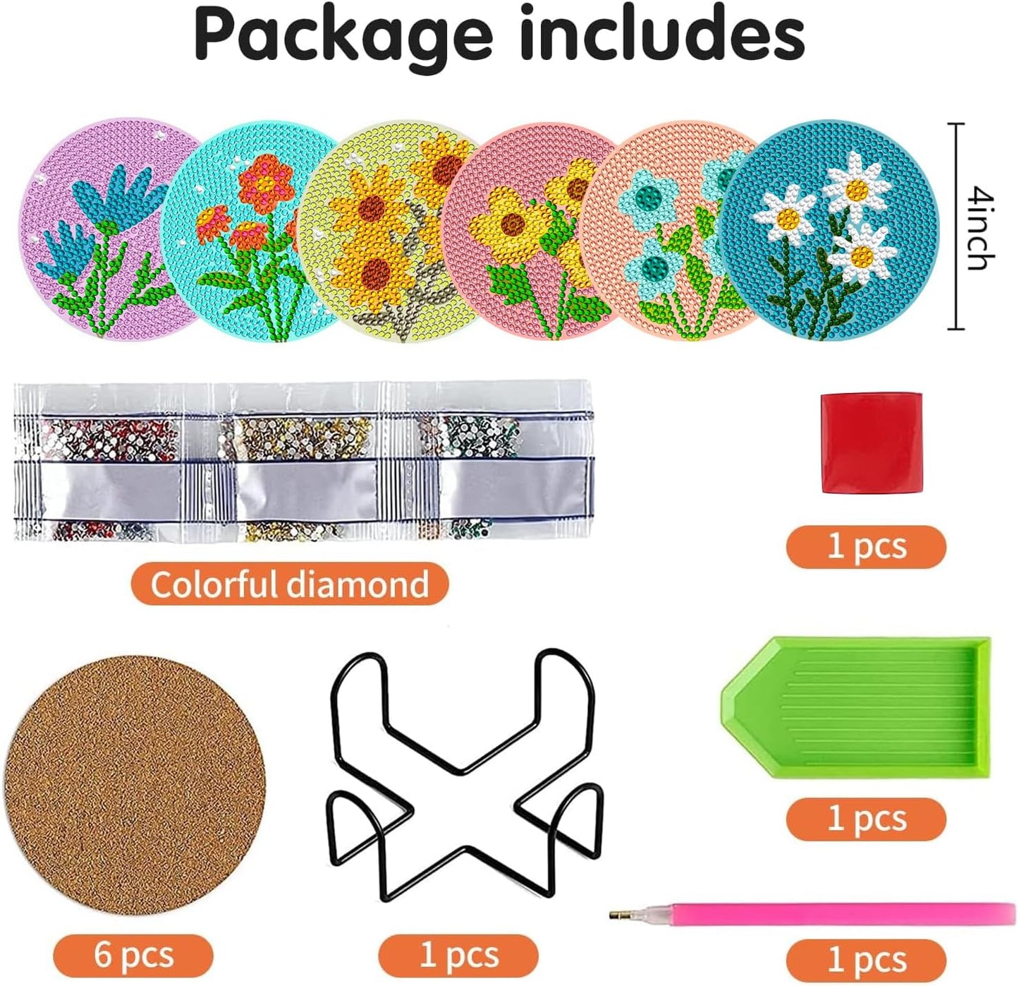 DOTSOPS 6 Pcs Diamond Painitng Kits for Adults Diamond Art Coasters with Holder for Adults Beginners Diamond Craft Gem Dots for Christmas Birthday Flowers