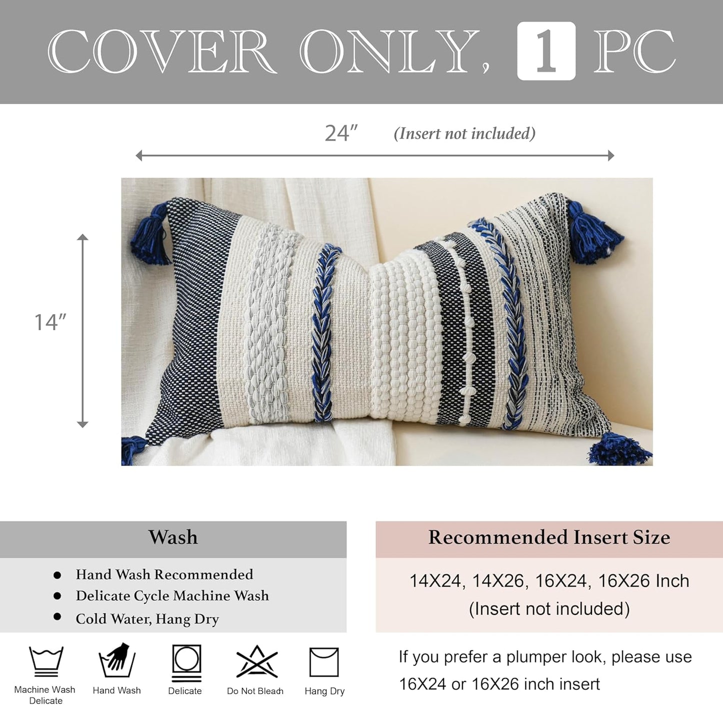 BlissBlush Decorative Lumbar Throw Pillow Cover 14x24 Boho Dark Blue Accent Cushion for Couch Sofa Farmhouse Pillowcase for Bedroom Living Room Home Décor Cover ONLY