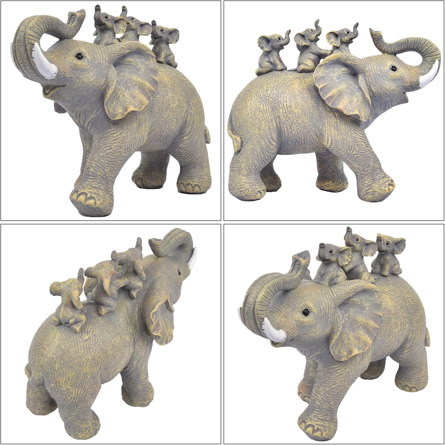 Cute Good Luck Elephant Home Décor Statues Carries Three Calves on Its Back Figurines for Shelf Elephant Lovers Decoration for Bedroom, Office (Yellow)