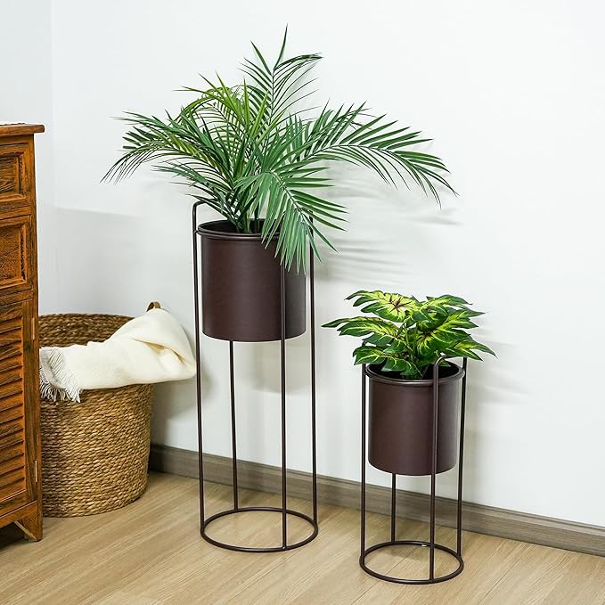TRIROCKS Set of 2 Planters with Stand Large Metal Planter for Indoor Plants 28 &18" H Plant Pots for Living Room Corner Kitchen Office Garden Balcony Patio Decor(Brown)