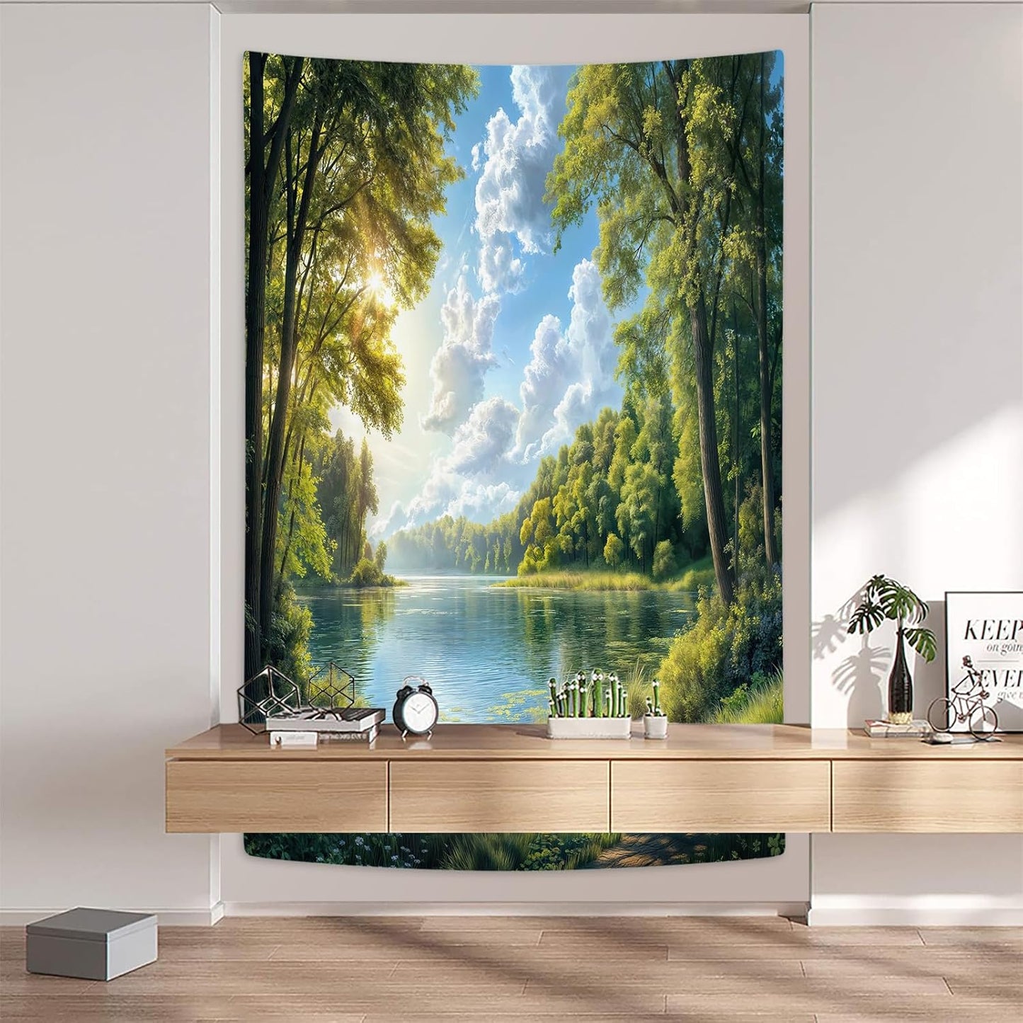 DYNH Nature Lake Forest Tapestry,Park Scenery Water Tree Sky Cloud Wall Tapestries,Countryside Field Landscape Vertical Wall Hanging for Classroom Bedroom Living Room Dorm Office Aesthetic,70X90IN