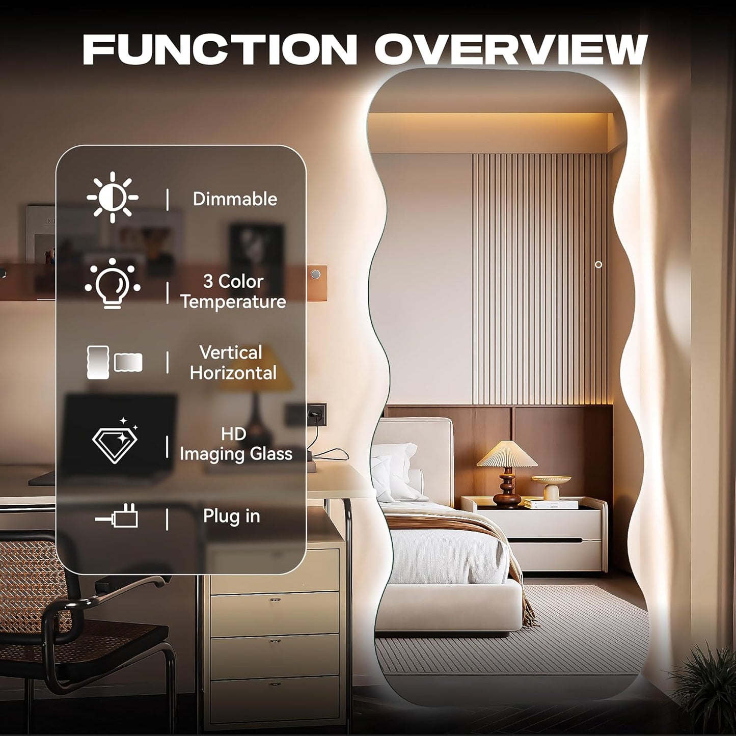 Hasipu Wavy Full Length Mirror with Lights - 94"×39" LED Wavy Floor Mirror, Frameless, Dimmable, Standing or Vertical/Horizontal Wall-Mounted Mirror for Bedroom, Living Room, Cloakroom