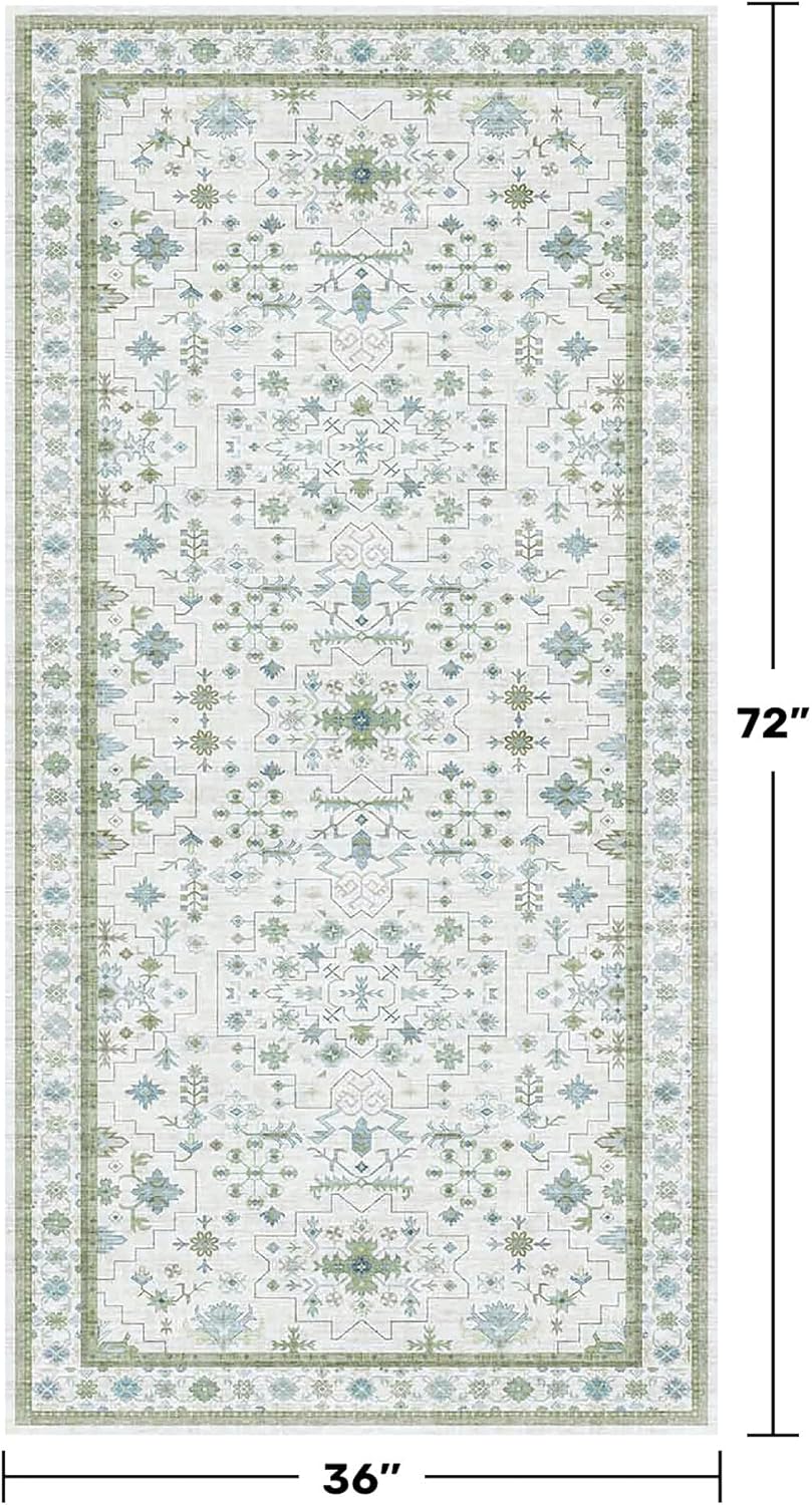 Blue and Green Washable Rugs 3x6 - Vintage Boho Floral Pastel Cream, Washable Low Pile Non Slip Small Throw Accent Area Rug for Entry Way, Laudry Room, Kitchen, Bedroom Beside Bed Decor
