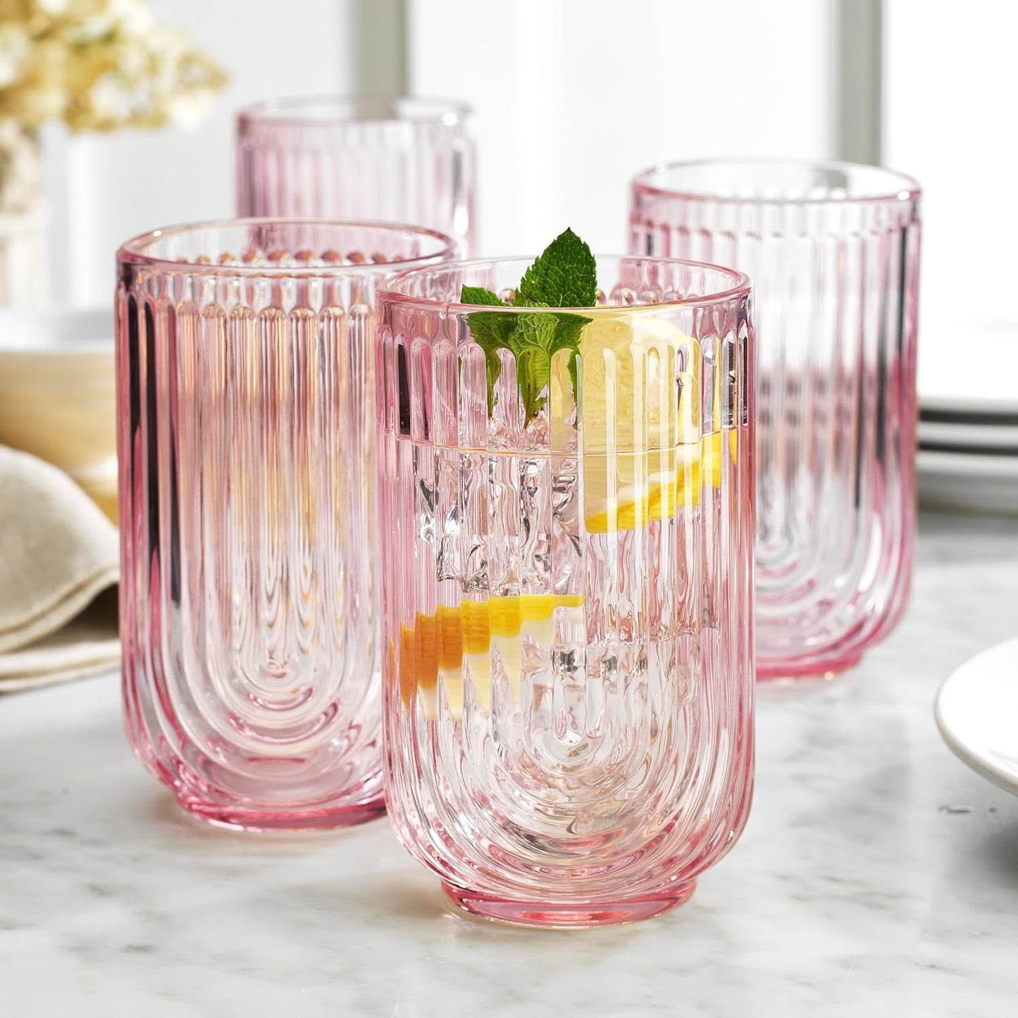 Glaver's Vintage Glassware Art Deco Glasse Ribbed Drinking Glasses U-Shape Arch Design Colored Cocktail Kitchen Tumblers Everyday Dinner Decorative Party (Pink S/4 17oz)