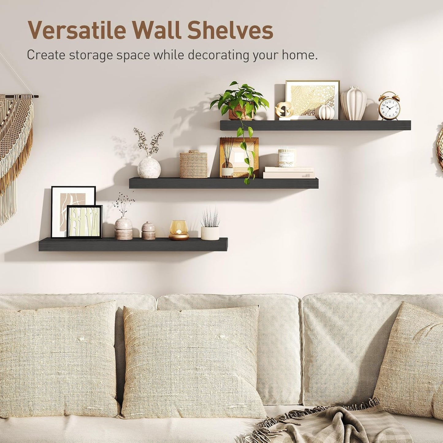 Floating Shelves for Wall, 1.5" Thick Wall Shelf Set of 3 with Invisible Brackets, L31.5 x W7.9 Hanging Book Shelves Farmhouse Home Decor for Bathroom, Living Room, Bedroom, Black 8301BJP3BK