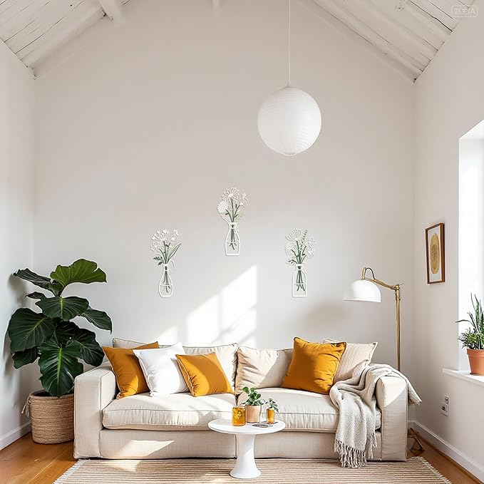 3 Pieces Metal Flower Wall Art - Wordless Minimalist Floral Silhouettes in Vases, Black Rustic Farmhouse Decor for Living Room, Bedroom, Bathroom, Dining Room, Housewarming Gift(Pink -White)