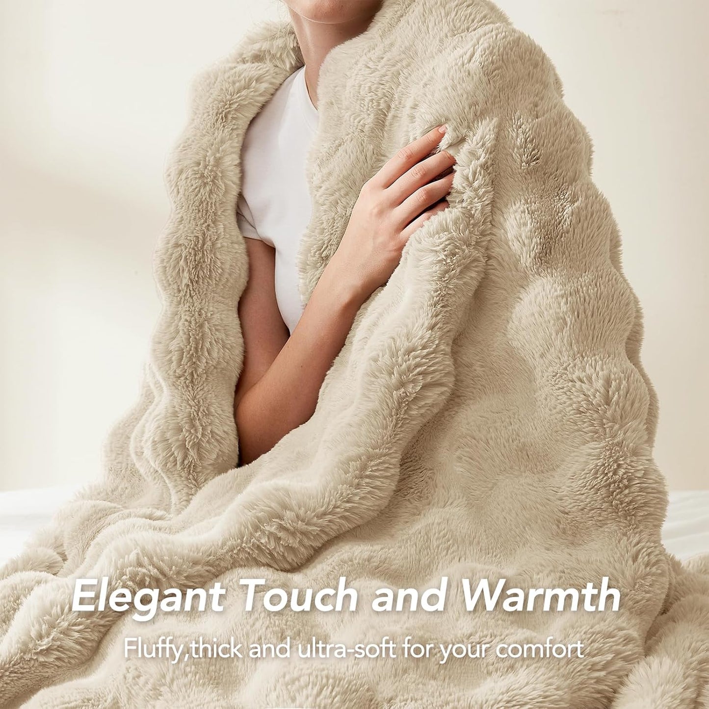 L'AGRATY Faux Rabbit Fur Blanket: 60" x 80" Twin Luxury Soft Fluffy Thick Fur Throw Blanket for Couch Bed Sofa - Cozy Plush Bubble Blankets for Winter: Flannel Fleece Decorative Blanket(Almond White)