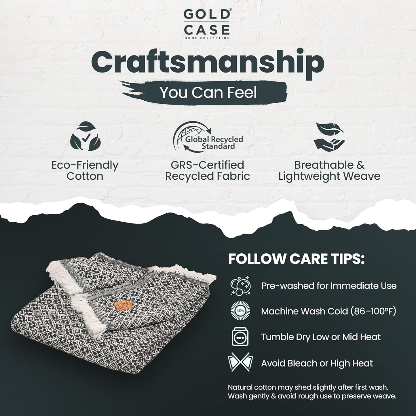 Gold Case Throw Blanket for Couch - 100% Recycled Turkish Cotton Blankets & Throws - Retro Soft Throw Blankets for Living Room - Boho Decorative Woven Couch Blanket - 50x60 - Black