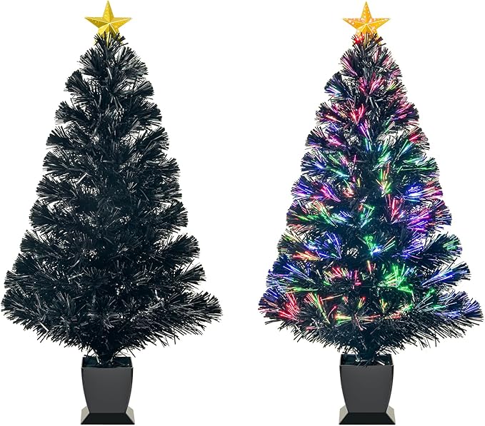 3ft Black Fiber Optic Christmas Tree,Pre-Lit Artificial Mini Christmas Tree, Tabletop Small Xmas Tree with Stars Holiday Home Decorations
