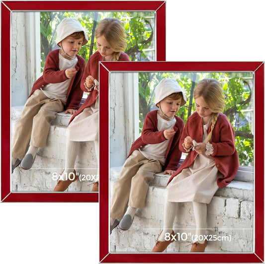 Frametory Enamel Picture Frame - 8x10 Silver Metal Edge Red Enamel Picture Frame With Easel and Velvet Back for Tabletop Display, Bookshelf, 8x10 Wall Decoration, Photo Frames, Picture Display-2 Set