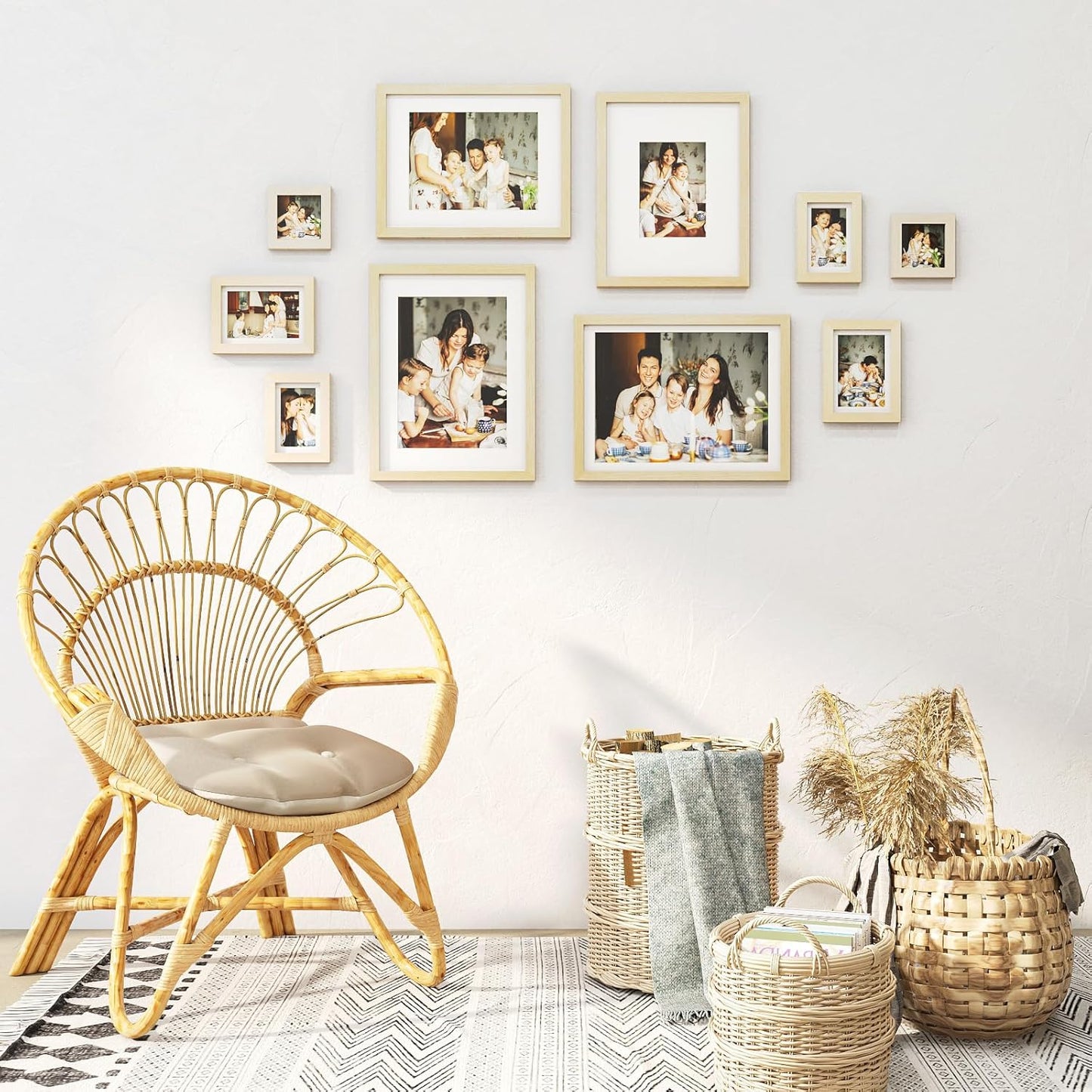 Egofine Picture Frame Set 10 Pack, Picture Frames Collage Wall Decor with Two 12x16,Two 11x14,Two 5x7,Two 4x6,Two 4x4 for Wall and Tabletop, Made of Solid Wood, Covered by Plexiglass, Natural Wood