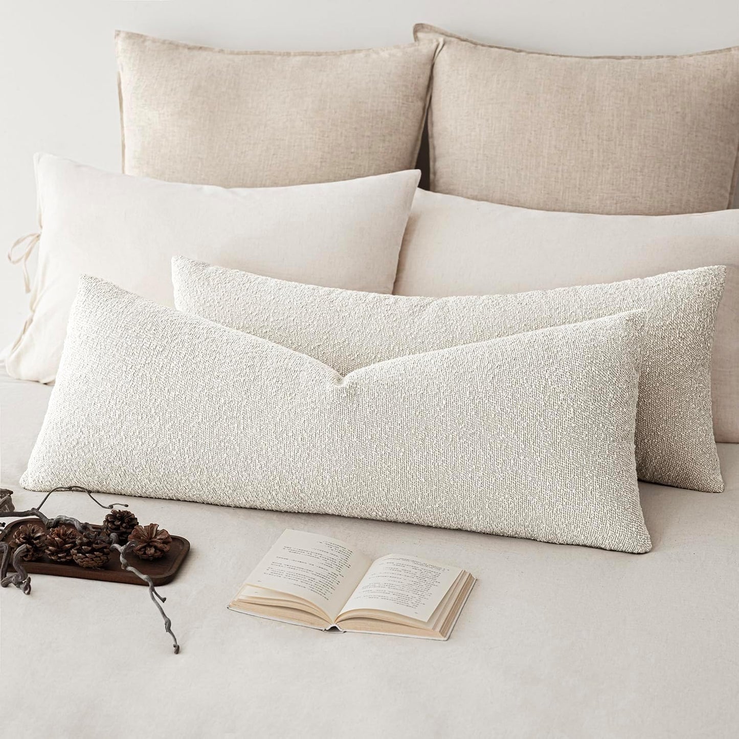 Foindtower Decorative Textured Boucle Throw Pillow Covers Accent Solid Pillow Cases Neutral Long Body Lumbar Couch Cushion Case for Chair Sofa Bedroom Living Room Home Decor 14x36 Inch,1PC,White
