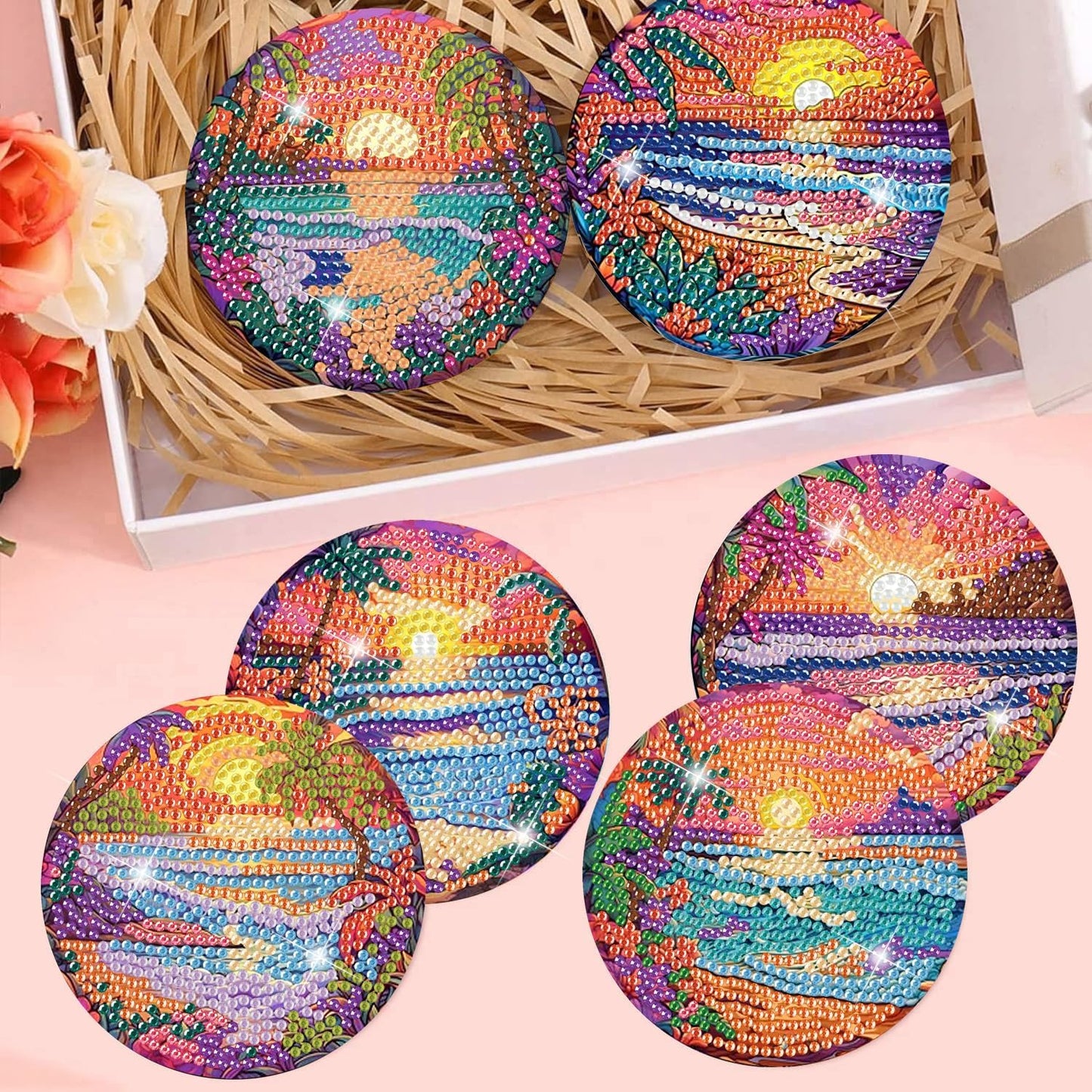 Meothan 8 Pcs Diamond Art Coasters kit with Holder Cork Pads, Diamond Dot Art Painting Coasters Kit for Adults (Sunset Beach)