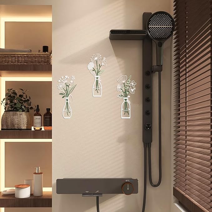 3 Pieces Metal Flower Wall Art - Wordless Minimalist Floral Silhouettes in Vases, Black Rustic Farmhouse Decor for Living Room, Bedroom, Bathroom, Dining Room, Housewarming Gift(Pink -White)