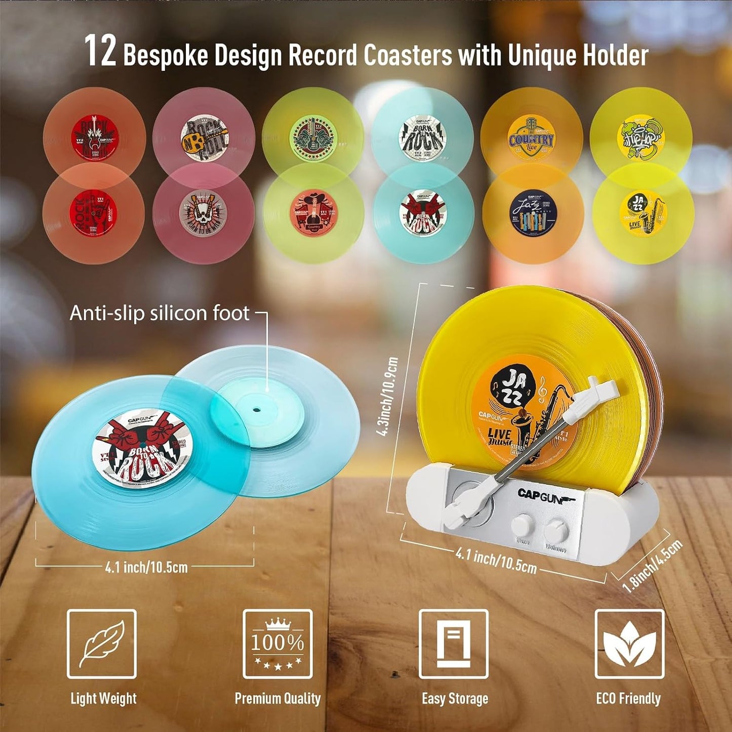 Funny Retro Vinyl Record Coasters, Creative Drink Coasters Set of 6 with Vinyl Record Player Holder for Music Lovers, Housewarming Hostess Gifts (12, V1&V4)