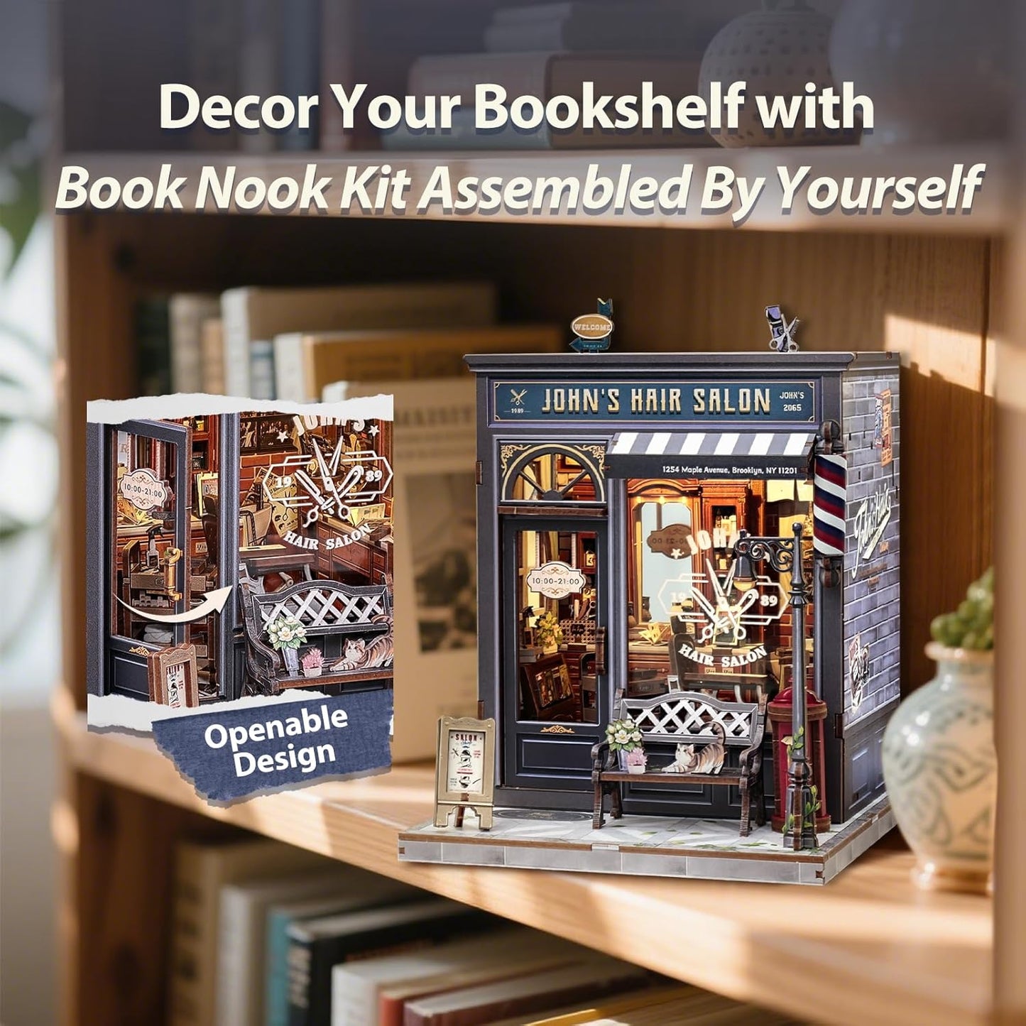 Fsolis Book Nook Kit - DIY Miniature House Kit for Adults Mini House Tiny 3D Puzzles for Bookshelf Diorama Decor Gifts for Women Teenagers Puzzle Lovers (John's Hair Salon)