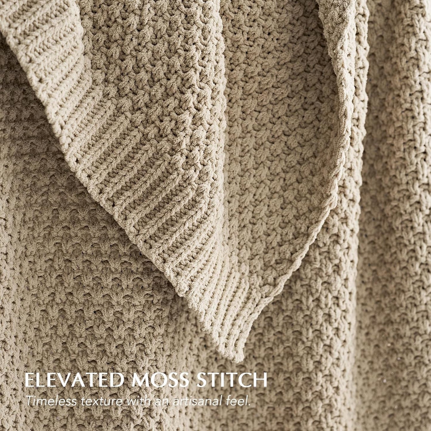 EVERGRACEHOME Chunky Chenille Knit Throw Blanket for Couch, Soft Luxurious Moss Stitch Blankets for Bed, Cozy Decorative Farmhouse Knitted Throws for Sofa, Sand Dune, 60" x 80"