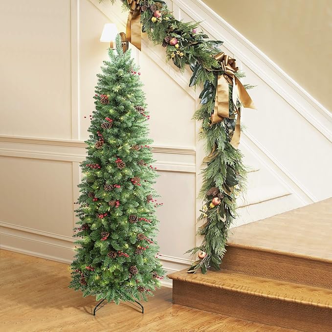 4.5FT Prelit Slim Christmas Tree, Decorated with 150 Clear Lights and Realistic 452 Thicken Tips, Hinged