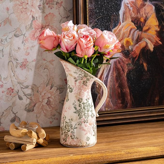 Vintage Ceramic Pitcher Vase with Handle, Farmhouse Green and Pink Large Floral Vases, Chinoiserie Decorative Vase, Rustic Table Centerpiece for Home Decor Living Room, Bookshelf, Office 10.5 Inch