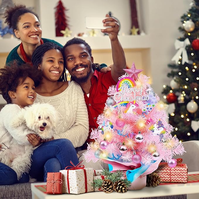 2FT Pink Mini Christmas Tree with Unicorn Theme - 24 Inch Tabletop Artificial Tree with Warm LED Lights, Star Topper, DIY Ornaments, Small Xmas Tree Holiday Decoration for Kids, Family, Home, Office