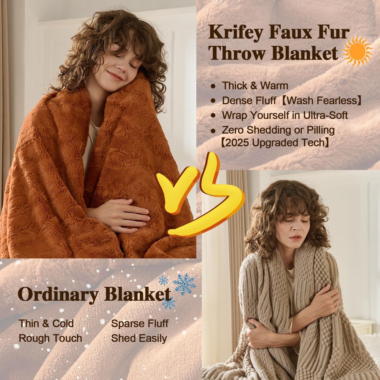 Krifey Faux Fur Throw Blanket, Super Soft Cozy Blanket, Luxury Fluffy Blanket Warm Bed Throw, Plush for Women, Camel 50" x 60"