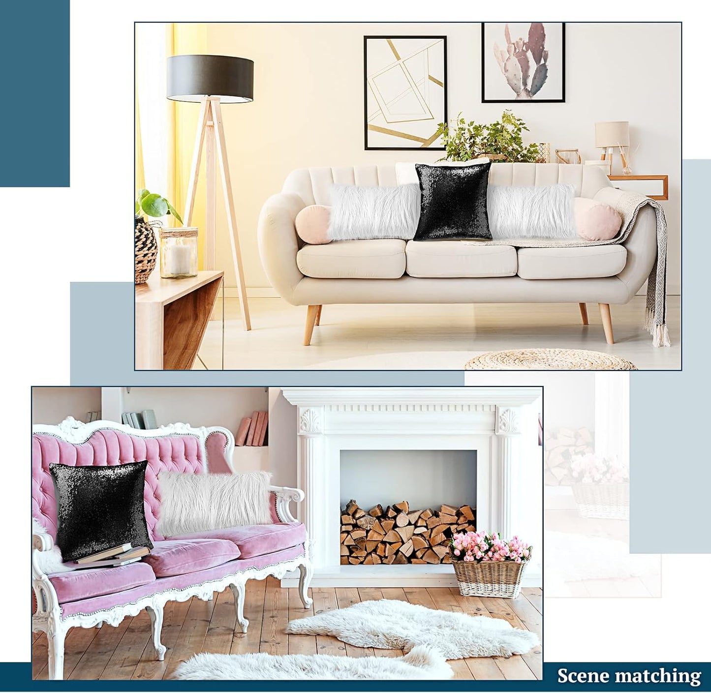 Irenare 4 Pcs Sequin and Fluffy Pillow Covers Winter Throw Pillow Cases Soft Cushion Cover for Couch Bed Sofa Xmas Day(18 x 18 Inch, 12 x 20 Inch,White, Black)