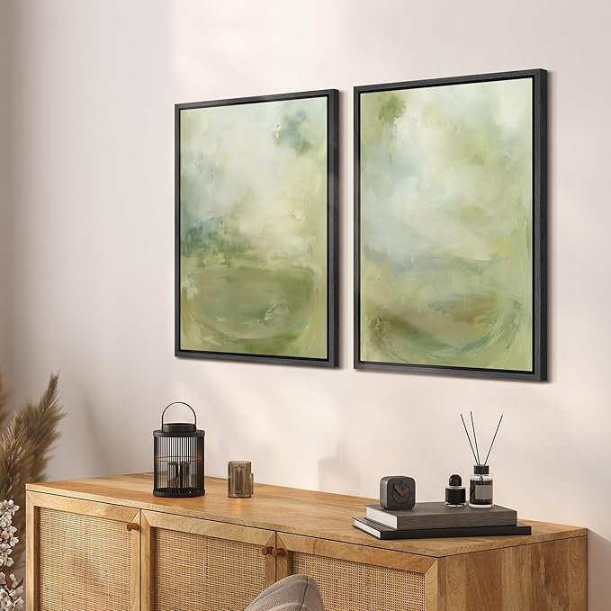 SIGNFORD Framed Canvas Print Wall Art Set Soft Green Abstract Contemporary Neutral Landscape Illustration Modern Art Decorative Nordic Nature for Living Room, Bedroom, Office - 24"x36"x2 Black