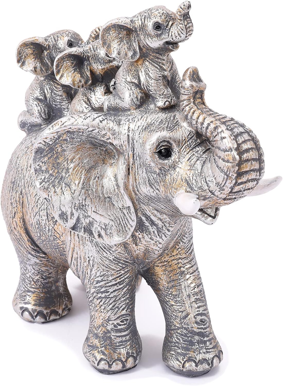 Cute Silver Elephant Statue Good Luck Elephant Carries Three Calves on Its Back Figurines Décor for Shelf Good Gifts for Women Decoration for Living Room, Bedroom, Office