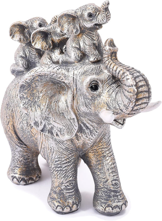 Cute Silver Elephant Statue Good Luck Elephant Carries Three Calves on Its Back Figurines Décor for Shelf Good Gifts for Women Decoration for Living Room, Bedroom, Office