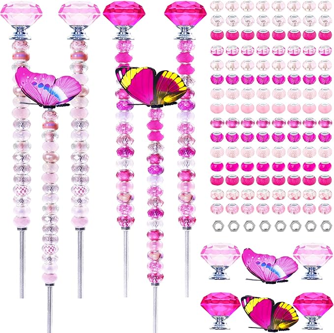 145 PCS Beaded Garden Stakes Kit, DIY Fairy Wand Garden Stake Beads Kits with Assortment Large Hole Beads 4 Crystal Stopper Top 2 Colored Butterfly Tops and Threaded Rods for Outdoor Indoor Decor