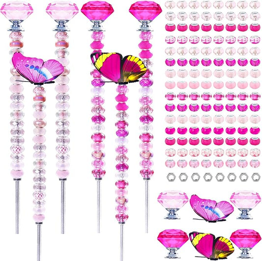 145 PCS Beaded Garden Stakes Kit, DIY Fairy Wand Garden Stake Beads Kits with Assortment Large Hole Beads 4 Crystal Stopper Top 2 Colored Butterfly Tops and Threaded Rods for Outdoor Indoor Decor