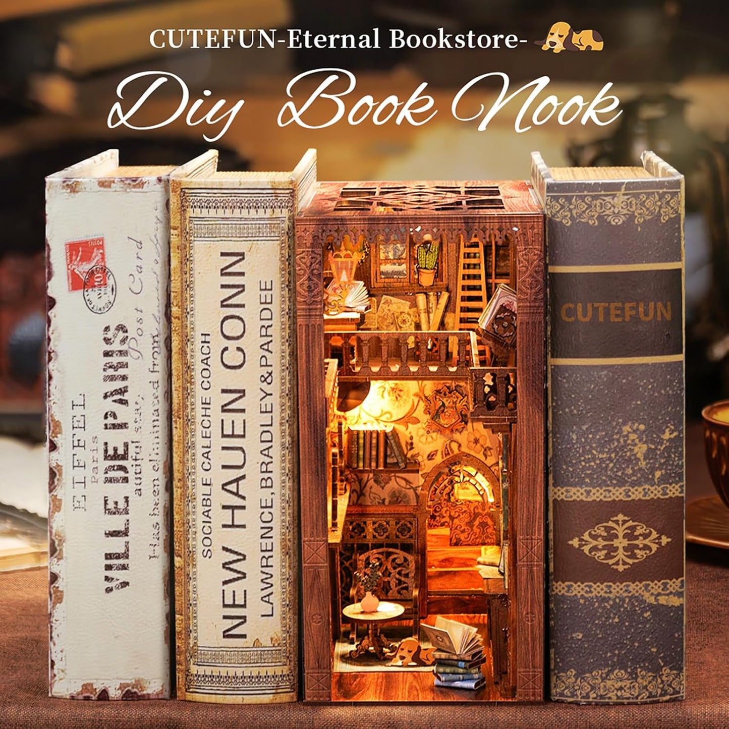 Cutefun Book Nook Library Kit, DIY Miniature Dollhouse Booknook Kits for Adults Teens, 3D Wooden Puzzle Bookend Bookshelf with LED Light & Dust Cover (Eternal Bookstore)
