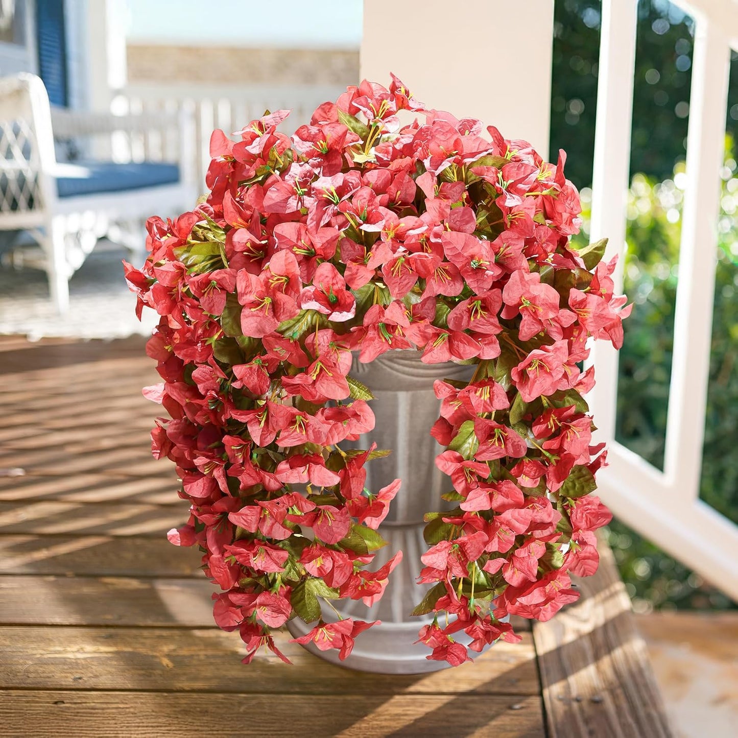 HyeFlora Bougainvillea Artificial Hanging Flowers Plants for Outdoors Winter Decoration, 2pcs Faux Bougainvillea Vines Red Fake Flowers Realistic UV Resistant Silk Flowers for Outside Planter Yard Urn