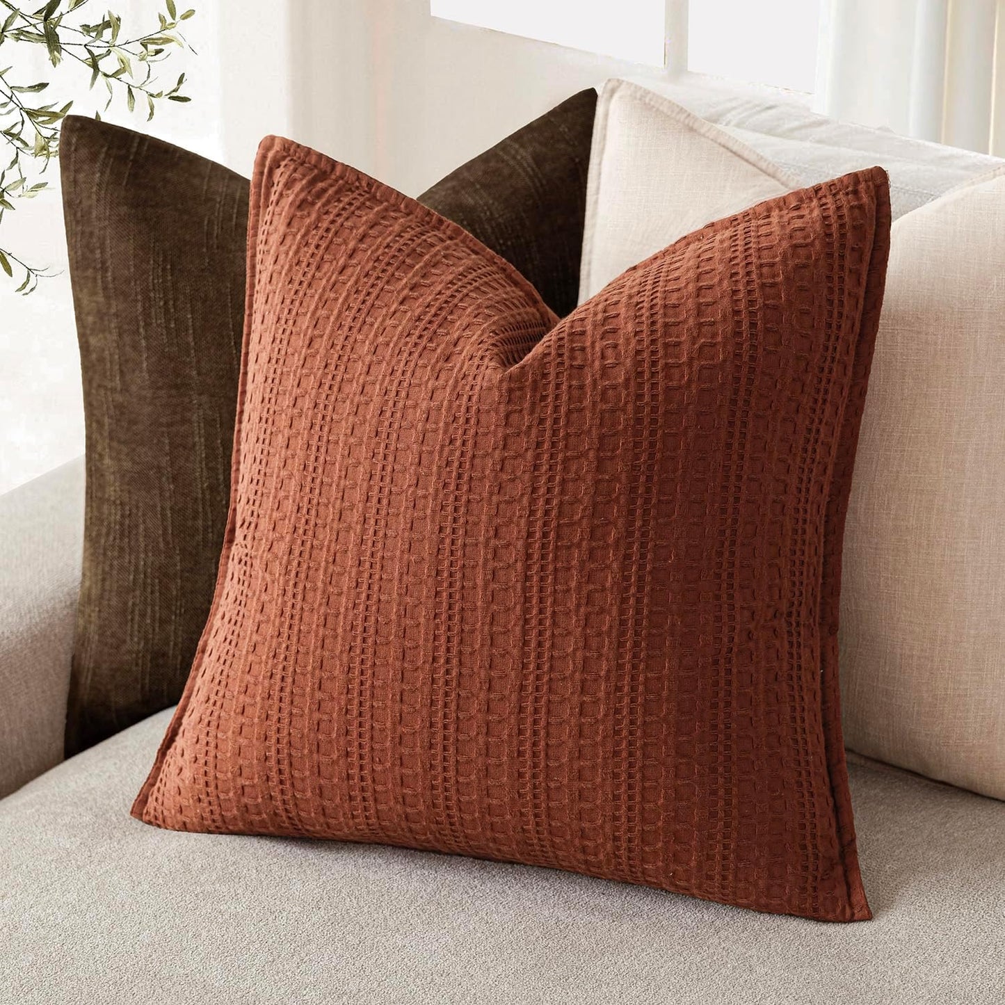 Foindtower Set of 2 Decorative Cotton Waffle Weave Textured Throw Pillow Covers Euro Sham Cushion Covers Accent Pillowcase For Bed Couch Sofa Bedroom Living Room Home Decor 18×18 Inch Fall Rust Orange