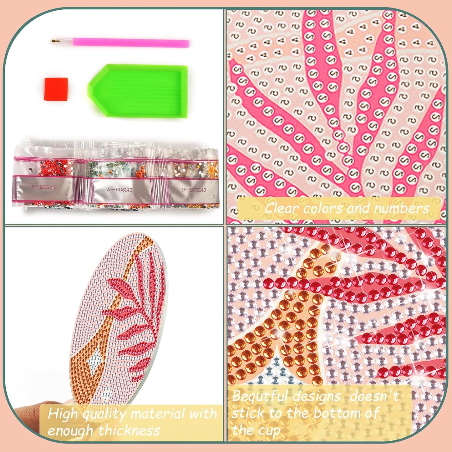 Generic 6 Pcs Pink Boho Diamond Art Coasters, DIY Coaster Kit for Adults