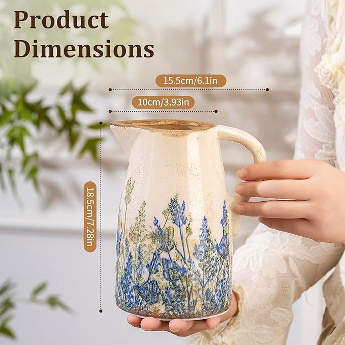 Navy Blue and Green Vintage Ceramic Floral Pitcher Vase, Rusitc Farmhouse Beige Decorative Flower Vase for Home Decor, Living Room, Rustic Table Centerpiece, Grand Millenial & Tuscan Decor 7.3 in