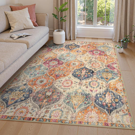 Lahome Moroccan Machine Washable Rugs for Living Room, 4x6 Rug for Bedroom Non-Slip Vintage Trellis Ultra-Thin Throw Carpet for Dining Room Office Nursery, Cream/Multi