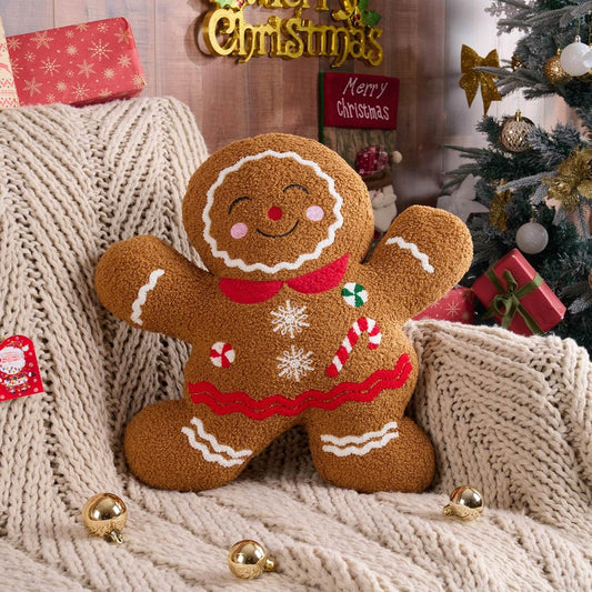 Lanpn Christmas Gingerbread Girl Pillow, Christmas Decoration Winter Throw Pillows Soft Fleece Sherpa Cute 3D Shaped Ginger Bread Lady Throw Cushion for Sofa Bedroom Xmas Decor (18x19 inch)