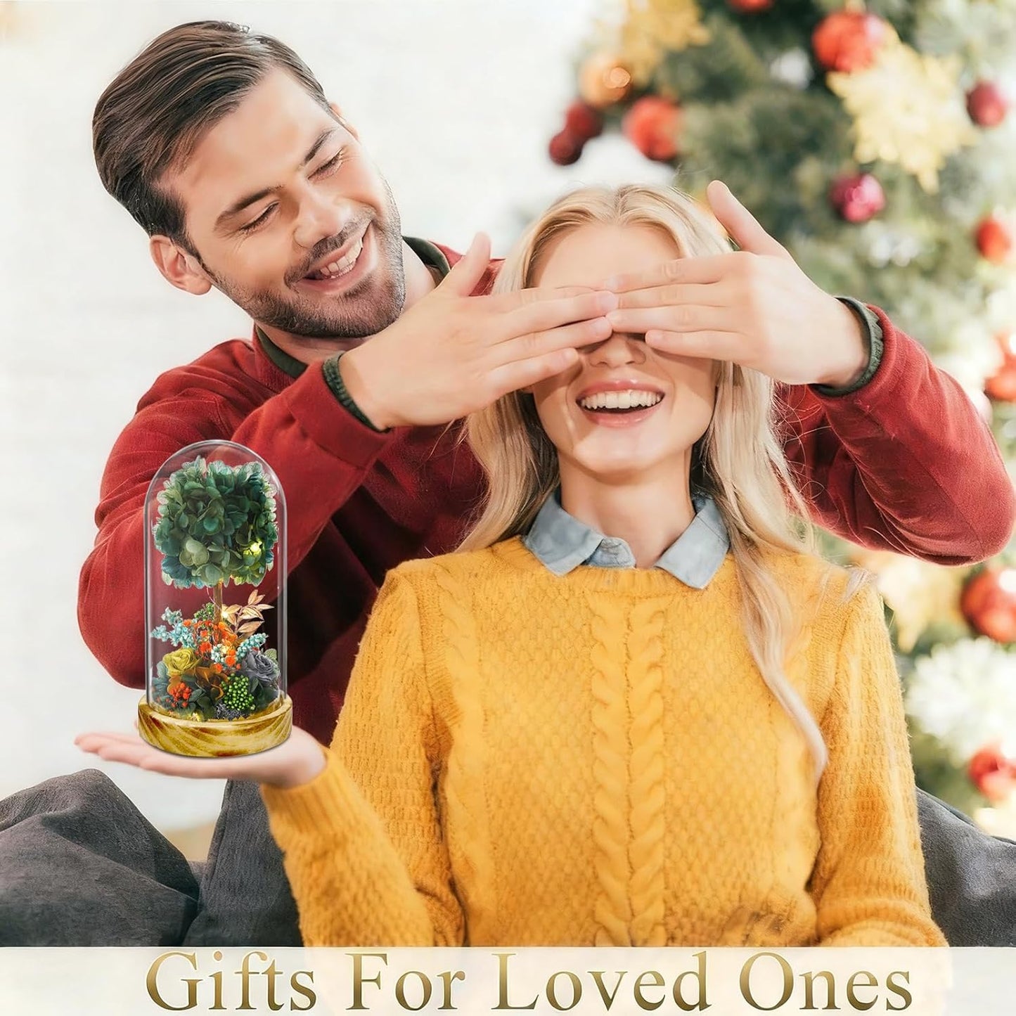 LED Illuminated Glass Dome Floral Arrangement, Decorative Light with White Hydrangea and Rose, Battery Operated(Dark Green)